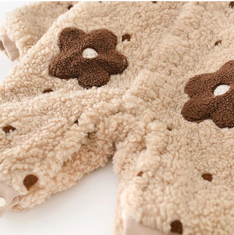 Peleles para recién nacidos de moda coreana, mono de invierno para niña, monos gruesos de flores peludas con sombrero - imagen 4