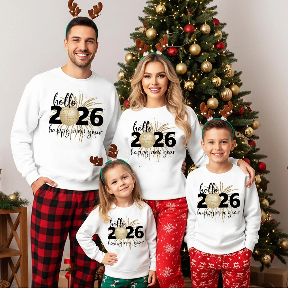 Hola 2026 Feliz Año Nuevo familia sudaderas a juego trajes Feliz Año Nuevo papá mamá niños suéteres Año Nuevo aspecto familiar