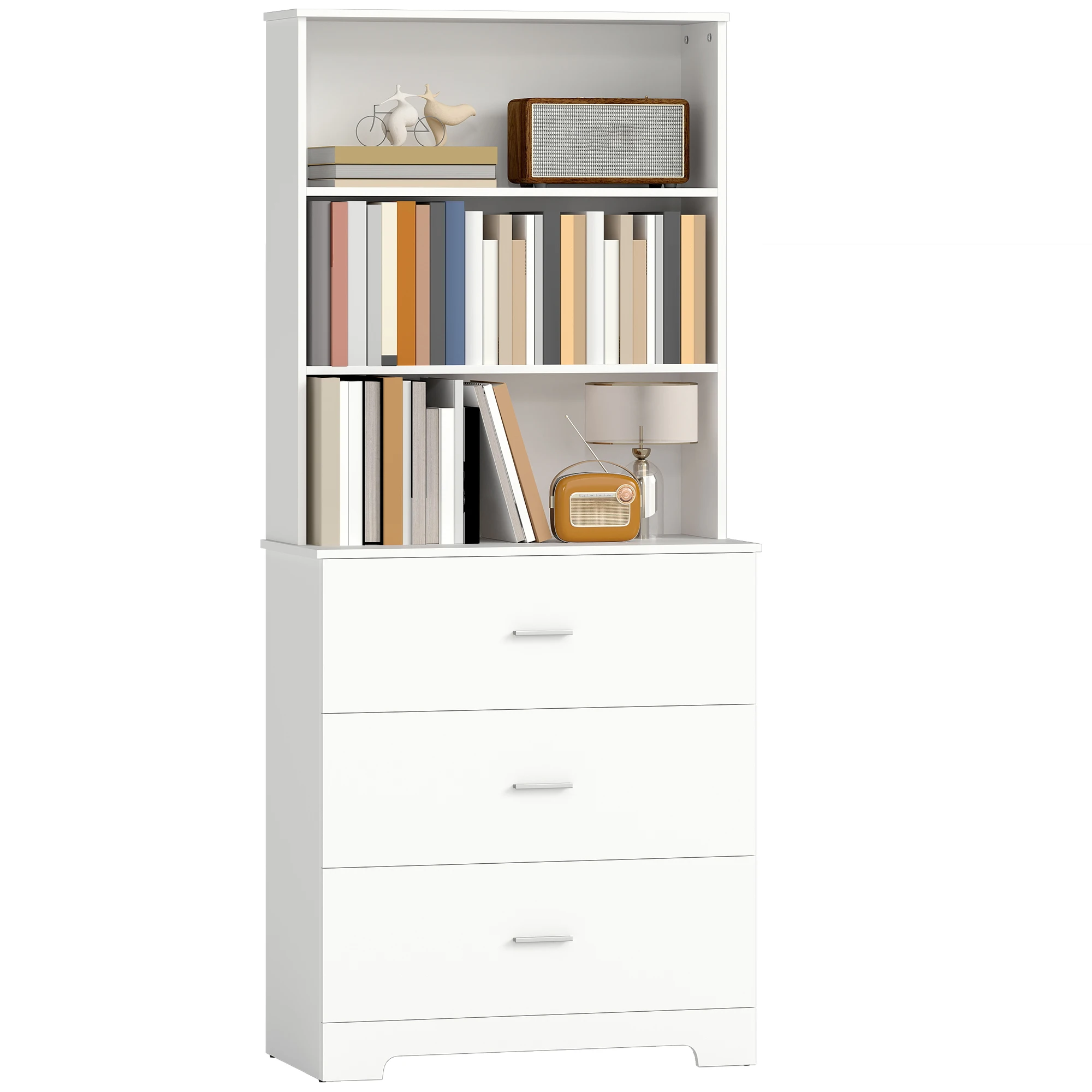 HOMCOM Estantería para Libros de 6 Niveles, Librería con 3 Cajones, 3 Estantes Abiertos, Armario Alto para Salón, Estudio, Oficina, 79x39,5x182,2 cm, Blanco