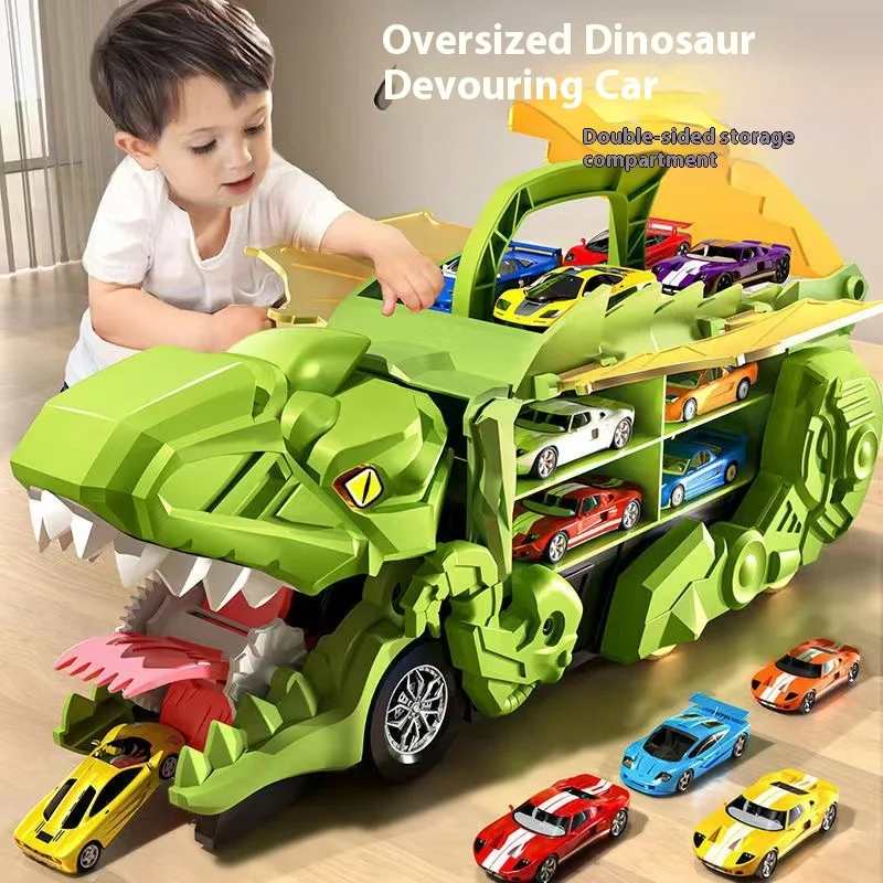 Camión tiranosaurio de juguete, dinosaurio, pista de golondrina, coche de almacenamiento de deformación con coche de carreras de aleación, coche de transporte plegable, juguete para regalo