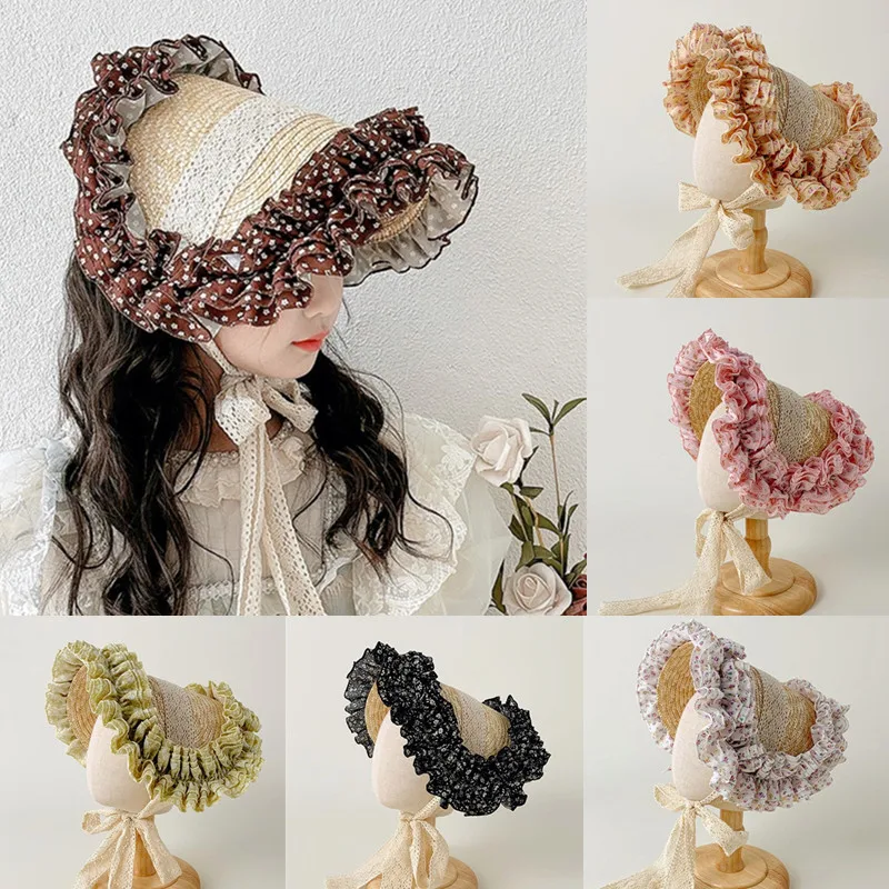 Lindo encaje volante niños sombrero de Lolita flor sombrero de sol francés verano al aire libre sombrero de paja para niñas de 2-10 años Cosplay gorra de Lolita