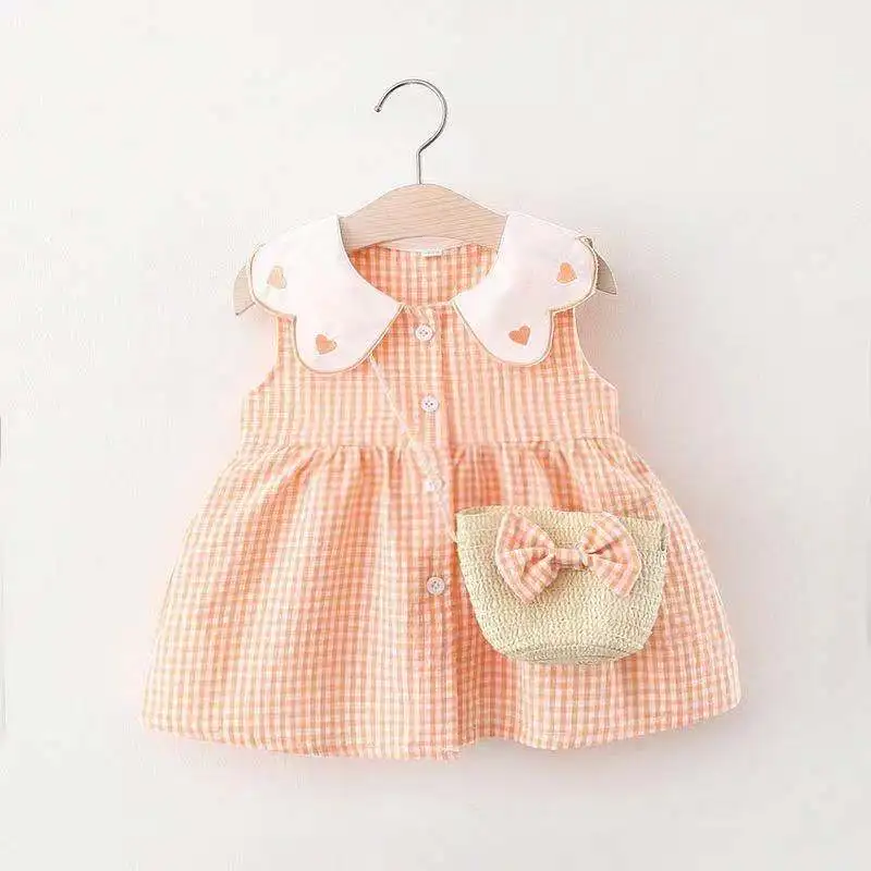 Vestido de princesa de algodón a cuadros para niñas, traje coreano con cuello de muñeca, bolsa de lazo, ropa de bebé, BC138, 2 piezas, novedad de verano - imagen 3