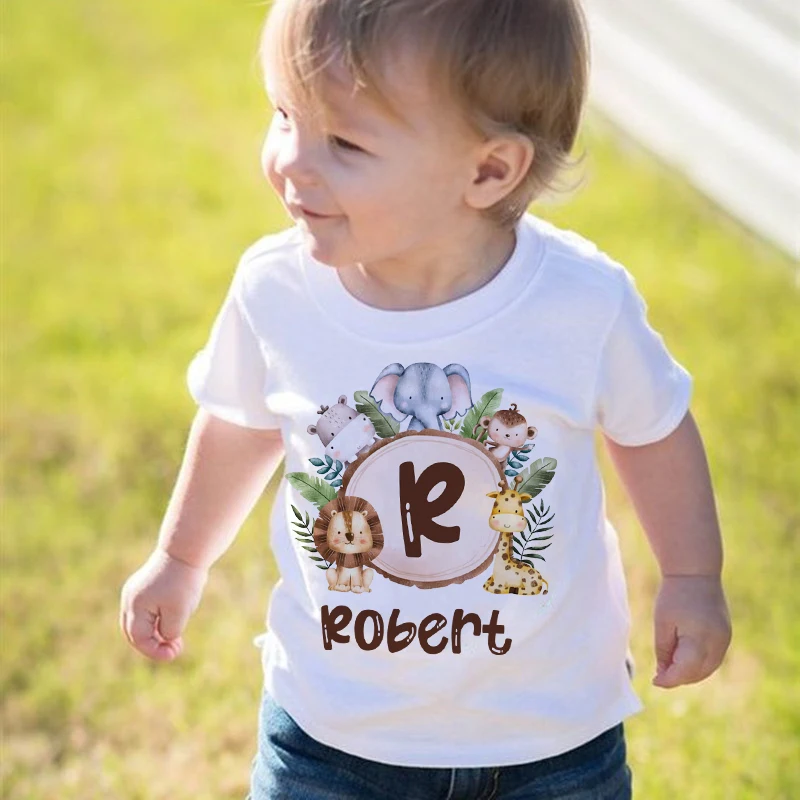 Camisa de cumpleaños personalizada, camiseta con estampado de animales de Safari, camiseta de fiesta de cumpleaños salvaje para niños, camiseta Kdis inicial con nombre, ropa, Tops
