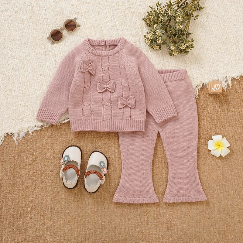 Conjunto de 2 piezas de punto cálido para invierno para niñas pequeñas, suéter de manga larga de algodón + Pantalones, prendas de vestir rosas, trajes de punto infantiles