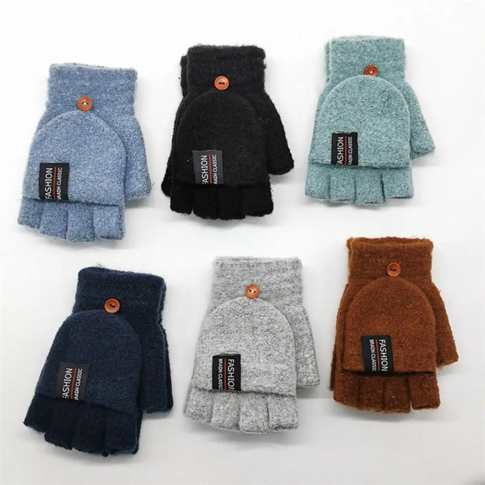 Hombres Mujeres tejidos invierno cálido medio dedo guantes Flip mitones espesar guantes sin dedos
