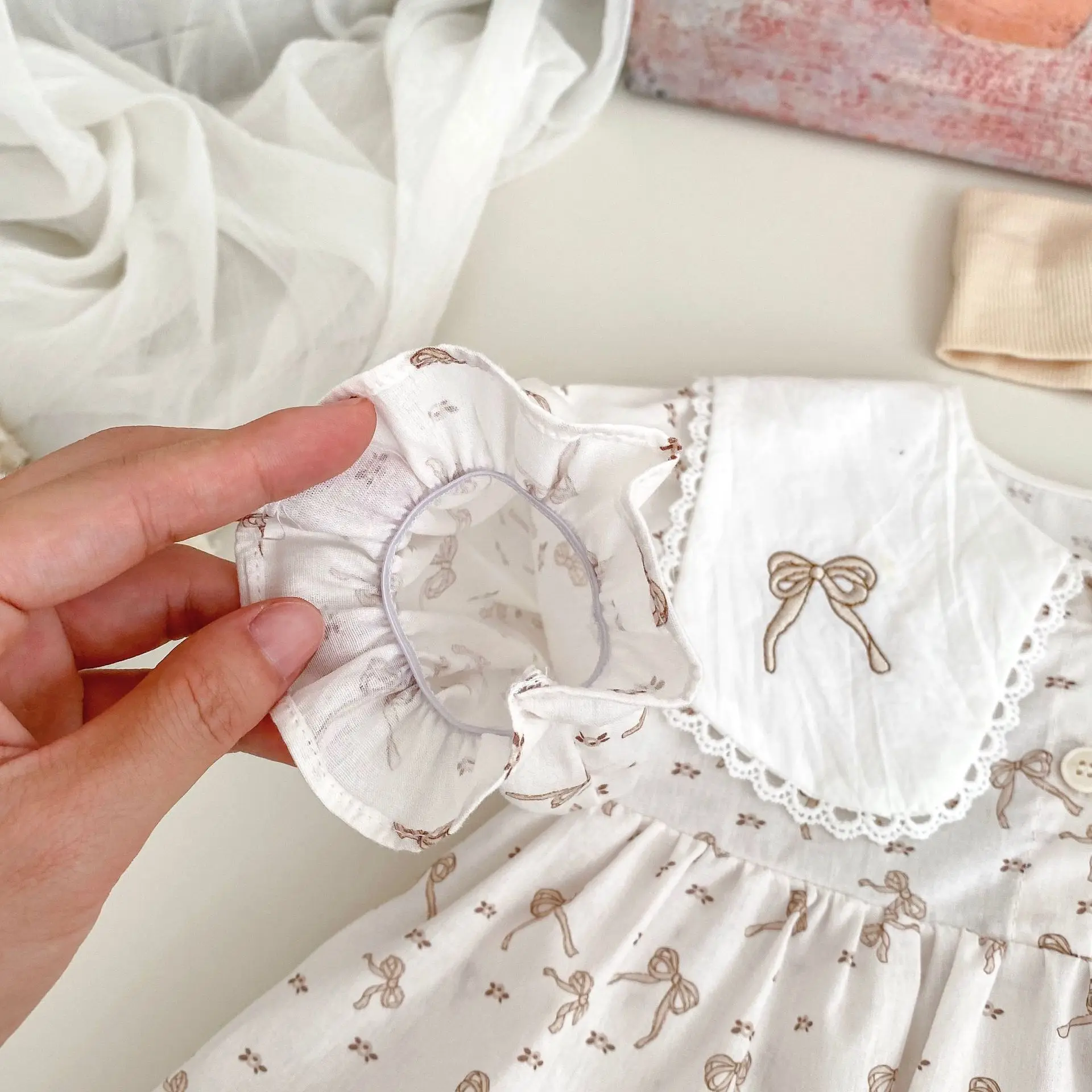Ropa de primavera para bebé de 0 a 2 años, mono con solapa llena de estampado, bonito vestido de una pieza de manga larga para niño pequeño, vestido de 100 días - imagen 5