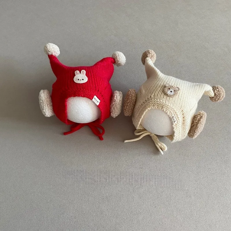 Lindo gorro infantil de dibujos animados, estilo otoño e invierno, cálida lana tejida con orejeras, resistente al viento, adecuado para bebés y niñas. - imagen 4