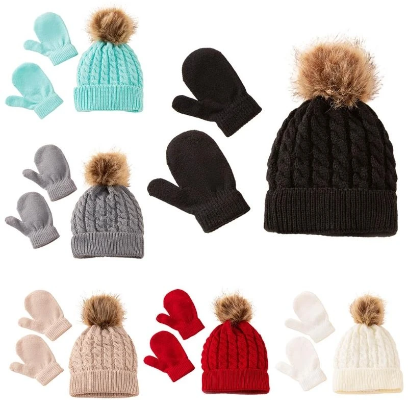 M76C invierno cálido bebé sombrero Color sólido guantes conjunto gorros bola piel manoplas niños niñas niños