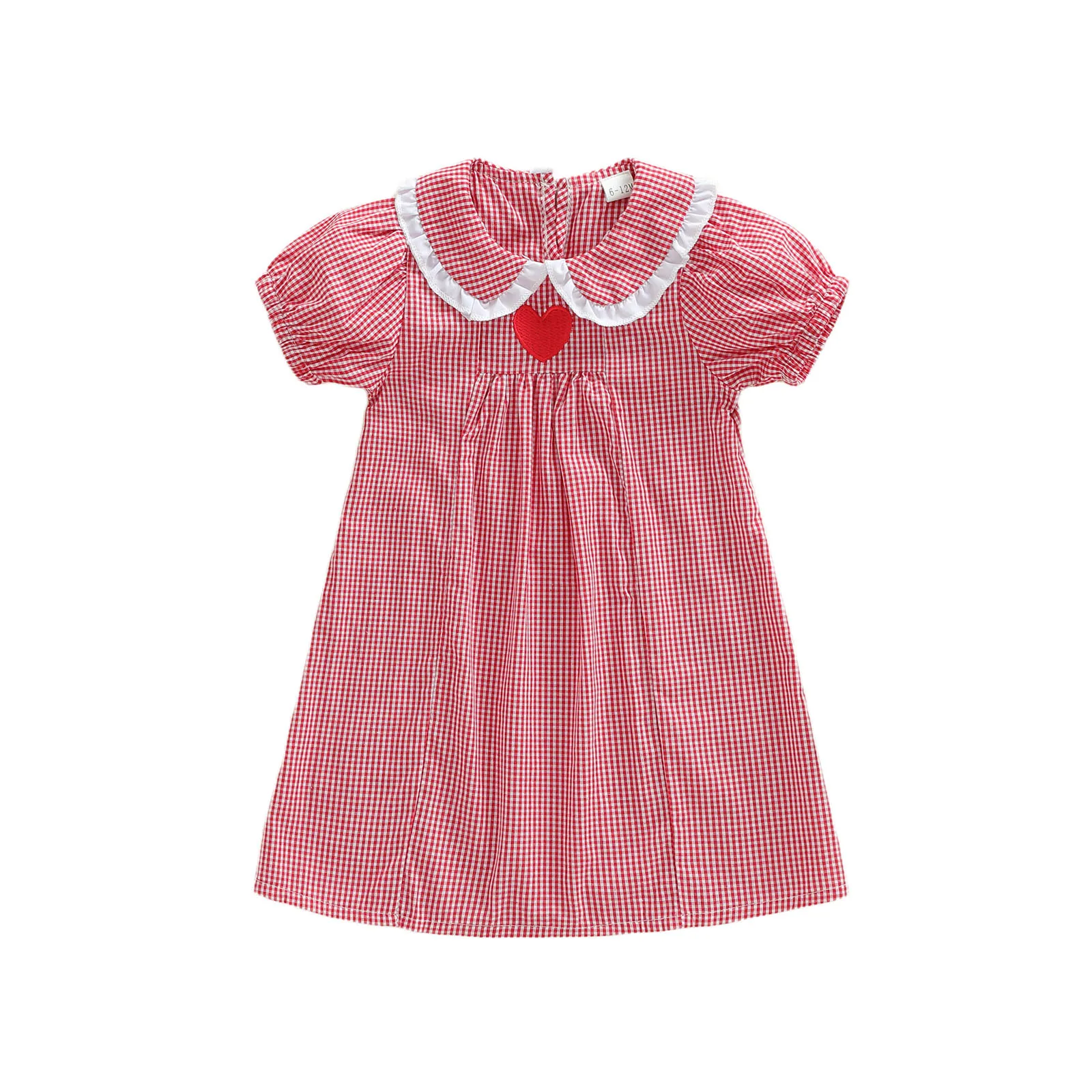 Vestido de San Valentín para niñas pequeñas, vestido holgado de manga corta con cuello de muñeca a cuadros y bordado de corazón de amor
