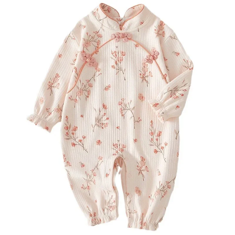 Ropa de primavera y otoño para niña, peleles de algodón de manga larga con flores bonitas a la moda de estilo chino, monos, artículos para recién nacidos B019