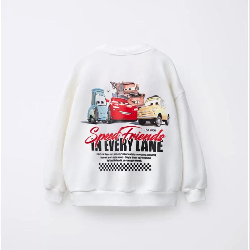 Sudaderas blancas con estampado de coche de dibujos animados, Tops de manga larga, ropa de primavera y otoño, jerséis de cuello redondo para niños, Sudadera con capucha de nuevo diseño - imagen 2