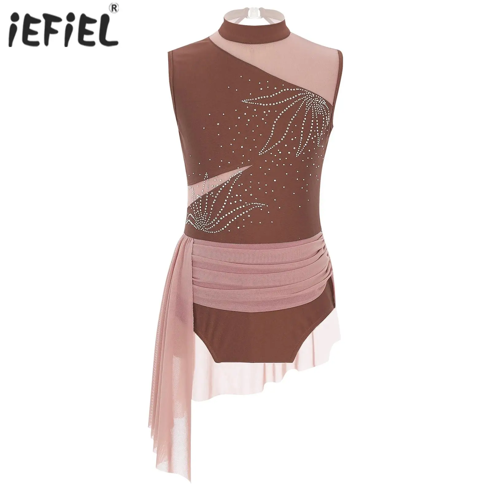 Leotardo de gimnasia de Ballet para niñas, traje de baile con falda de diamantes de imitación, malla transparente recortada en la espalda, Ropa de baile de gimnasia