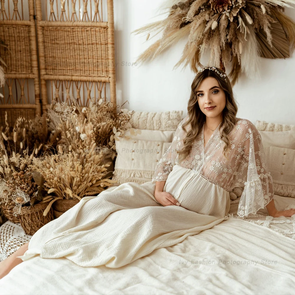 Vestido de maternidad en lino vintage bohemio con encaje - imagen 5