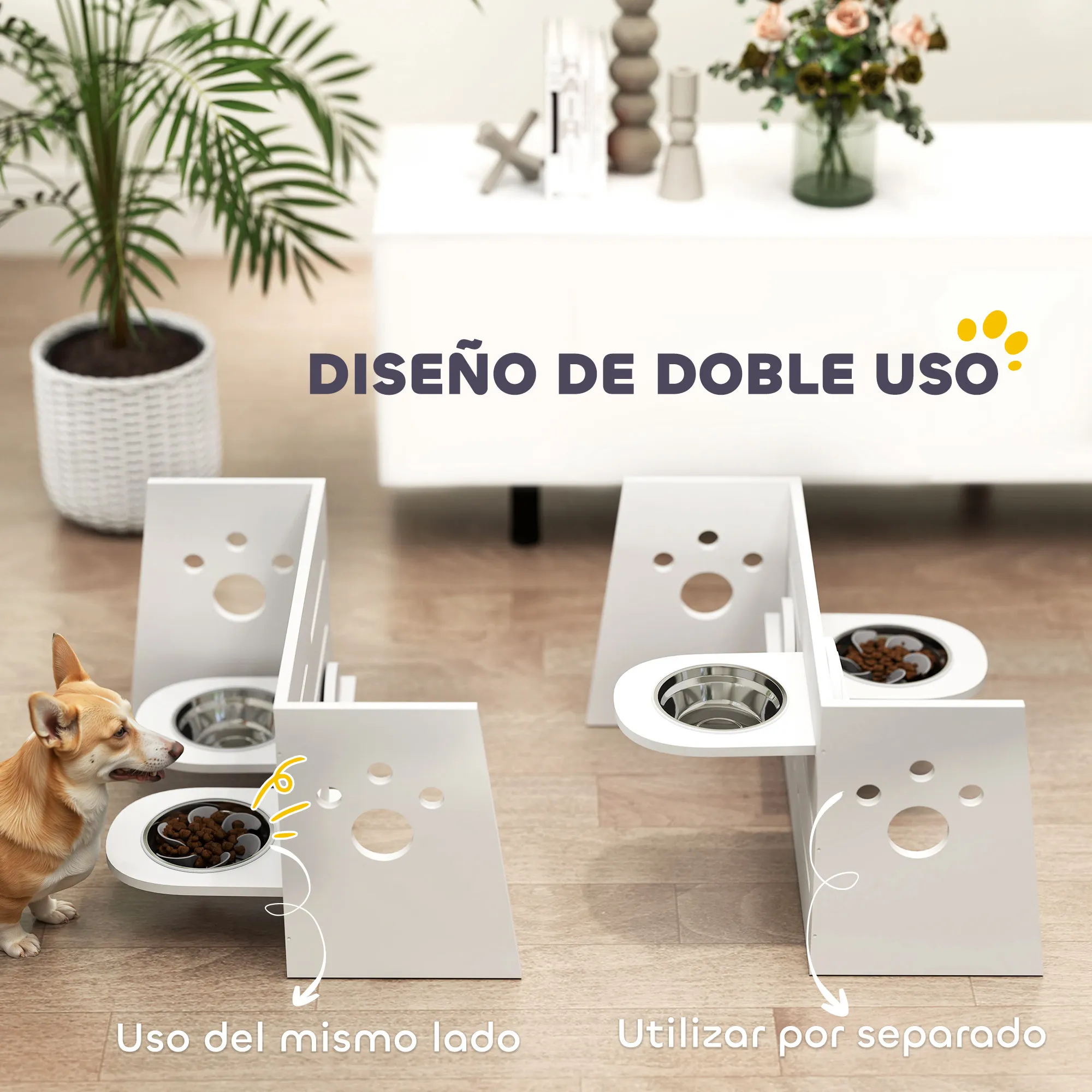 PawHut Comedero Perros Elevado de 3 Alturas Ajustables Cuencos para Perros 2x1 L y 1 Alfombrilla Antivoracidad Comedero para Perros Pequeños Medianos y Grandes Blanco - imagen 4