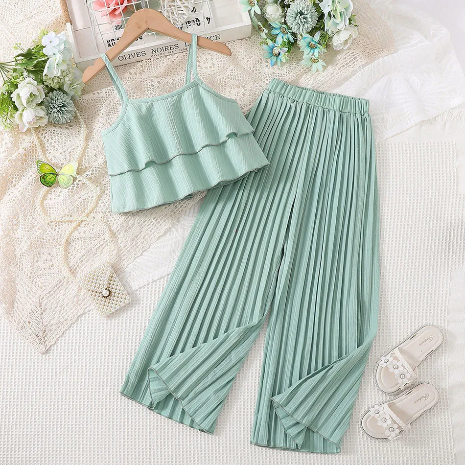Conjunto de ropa elegante para niñas adolescentes, Top de tirantes con dobladillo con volantes y pantalones plisados, traje de 2 piezas, moda de verano - imagen 2
