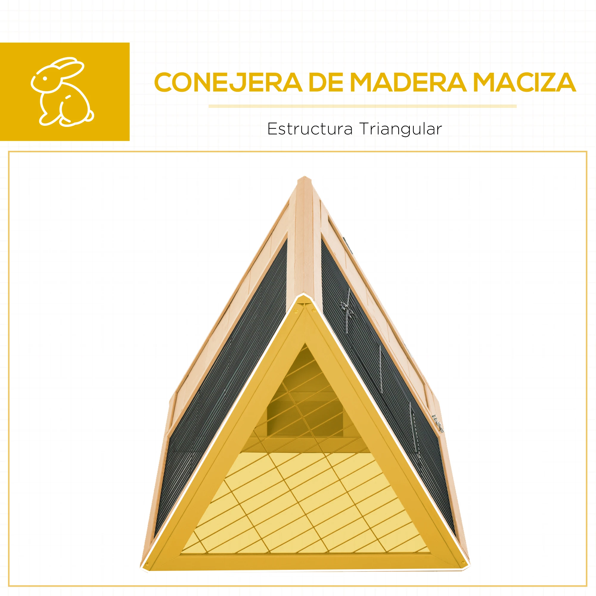 PawHut Conejera de Madera 116x62,2x52,5 cm Jaula para Conejos en Forma de Triangular con Puertas y Rejilla Metálica Madera Natural - imagen 5