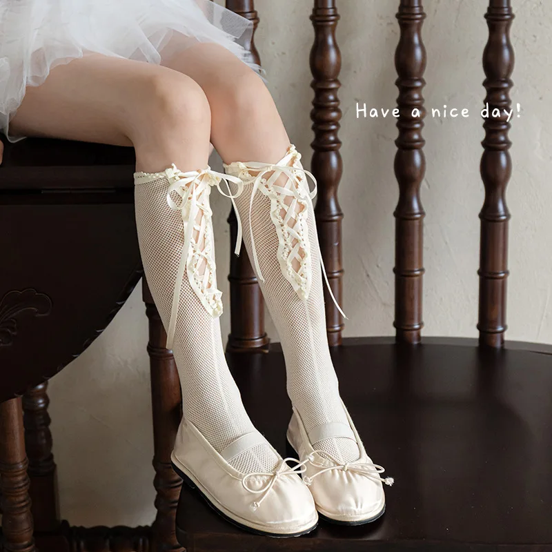 Calcetines altos de encaje rosa con lazo – Holgados para niñas - imagen 5