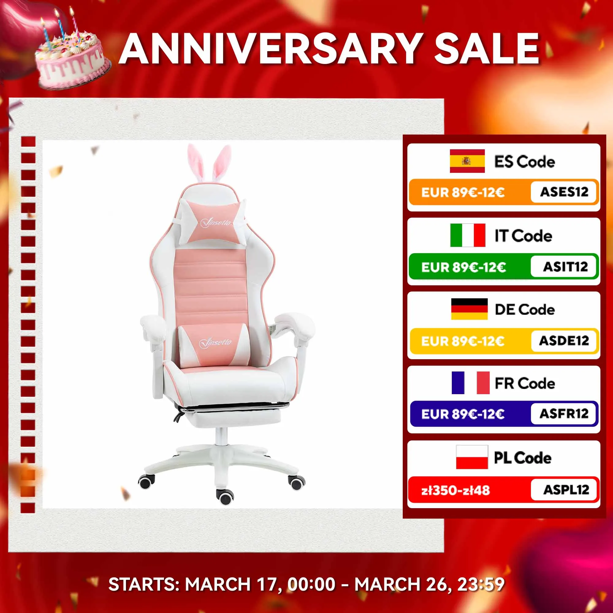 Vinsetto Silla Gaming Profesional Silla Gamer Racing Giratoria de Cuero PU con Altura Ajustable Inclinable 135° Reposacabezas y Reposapiés para Oficina Estudio 65x63x136-142 cm Rosa y Blanco