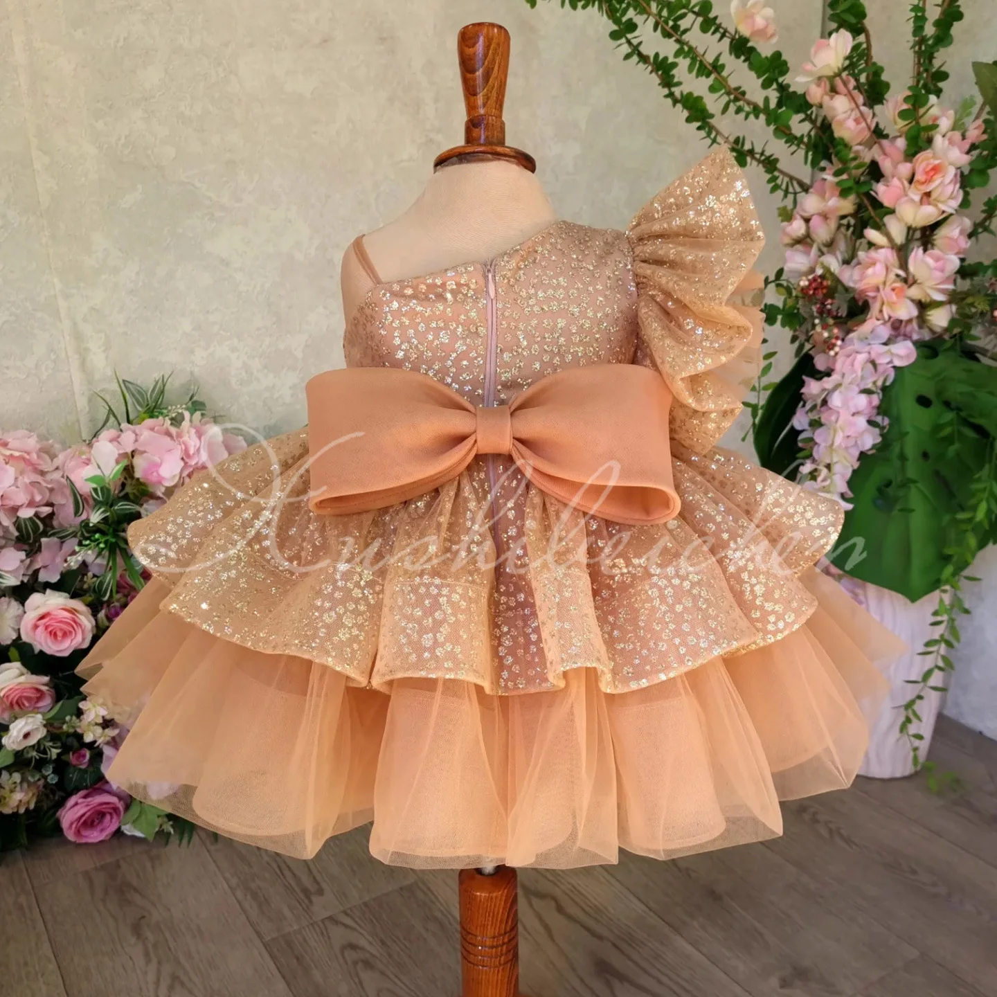 Vestido de flores para niñas, boda, cumpleaños, champán, dorado, lentejuelas, vestido de actuación de Navidad con tutú de tul con un solo hombro y lazo - imagen 3