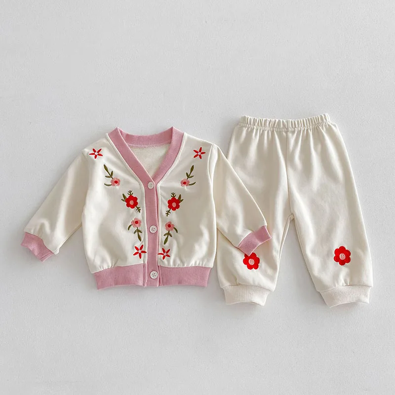 Milangel-Conjunto de ropa para bebé y niña, cárdigan y pantalones bordados con flores, traje de 2 piezas, conjuntos de sudadera holgada, Otoño, 2024 - imagen 5