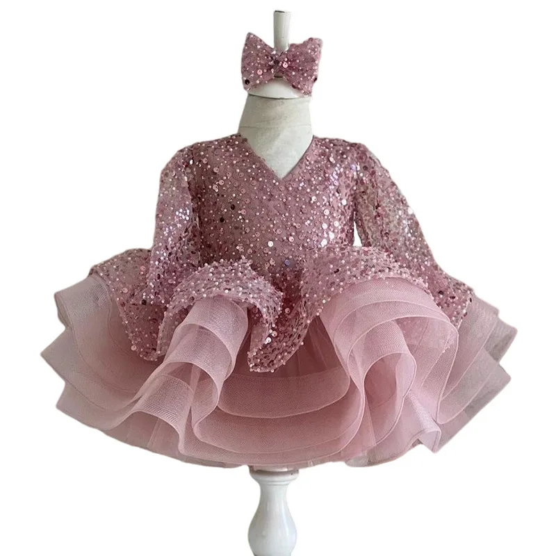 Vestido de princesa con lentejuelas rosas para niña, vestido formal de tul hinchado de manga larga para ocasiones especiales, vestido de lentejuelas para niña - imagen 5