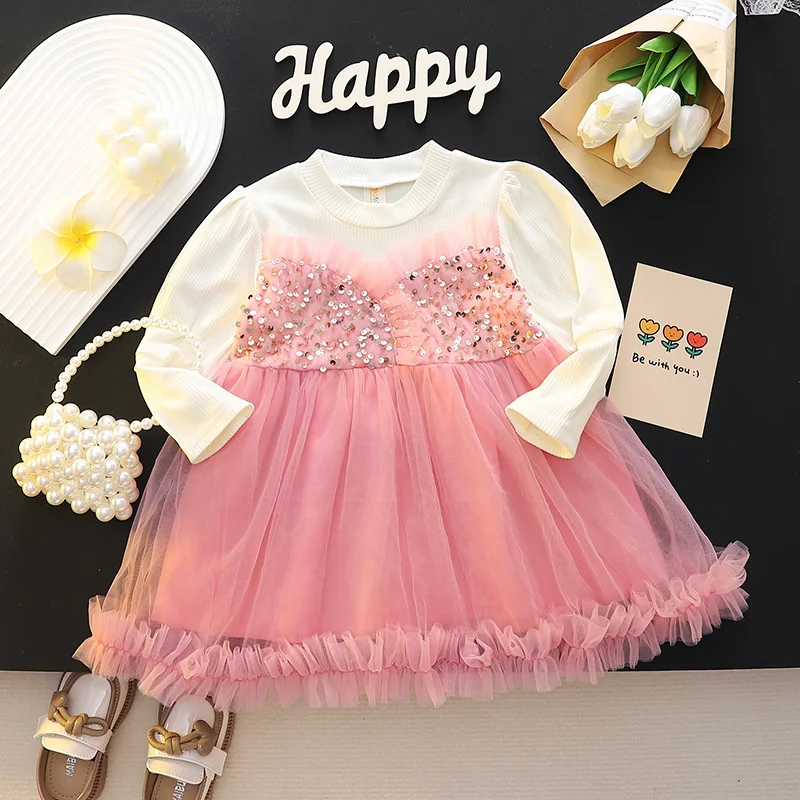 Vestidos para niños niñas algodón manga larga lentejuelas encaje princesa vestidos para niños primavera elegante ropa de cumpleaños disfraz de espectáculo