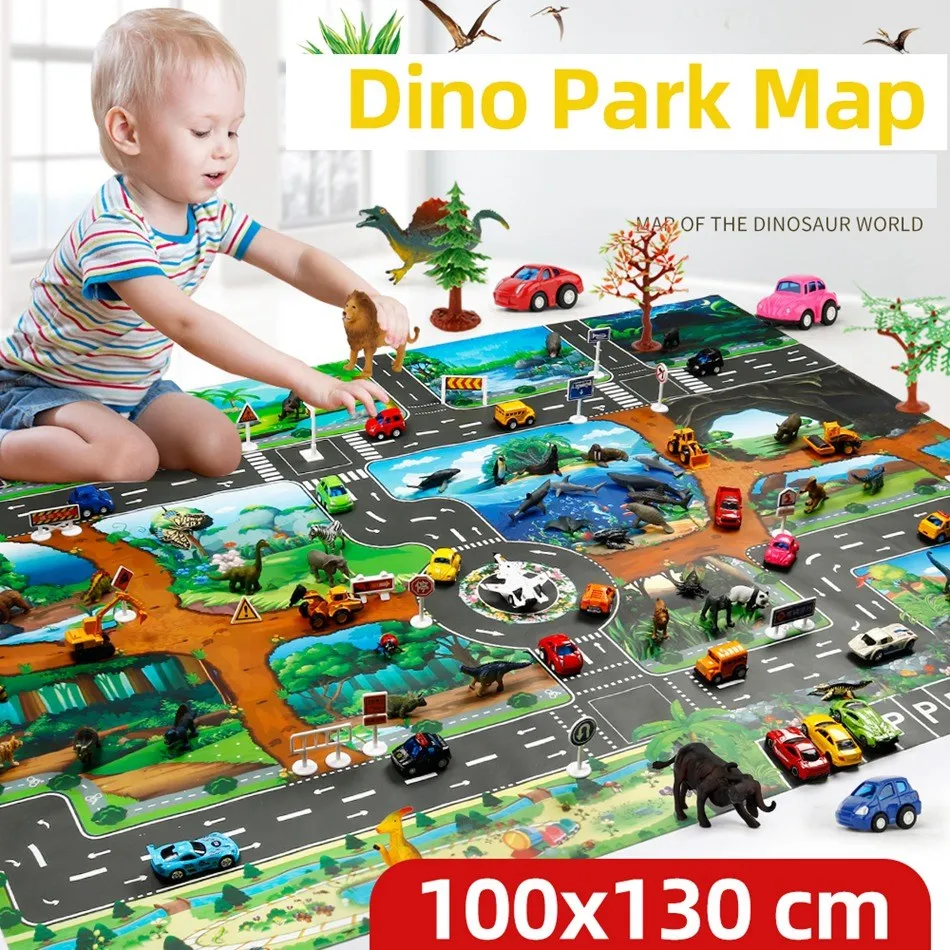 Alfombra de juego para niños de 100x130, alfombra portátil con mapa de granja y carretera, alfombras educativas para bebés, alfombra de juego impermeable de dinosaurio para niños pequeños, alfombra no tóxica para gatear - imagen 5