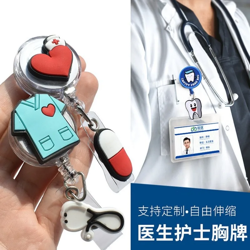 Silicona retráctil enfermera Doctor Hospital insignia médica carrete dibujos animados lindo Clip broches llaveros Oficina ID Tarjeta De Nombre titulares - imagen 3