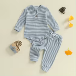 VISgogo Ropa de otoño para bebés y niñas, pelele de manga larga a rayas, pantalones de cintura elástica, traje para recién nacidos de 2 piezas