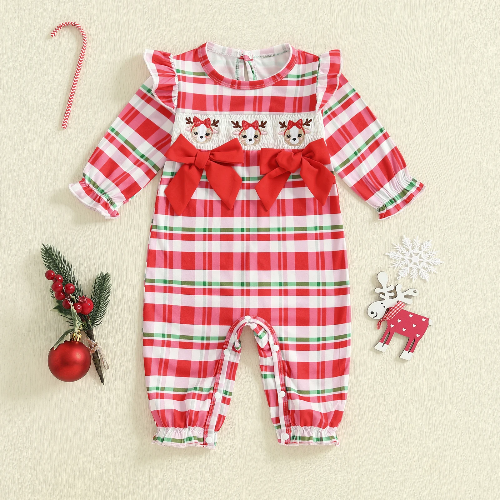 Mono para niñas de 0 a 18 meses, manga larga, cuello redondo, bordado a cuadros, mameluco de alce, ropa de Navidad - imagen 3