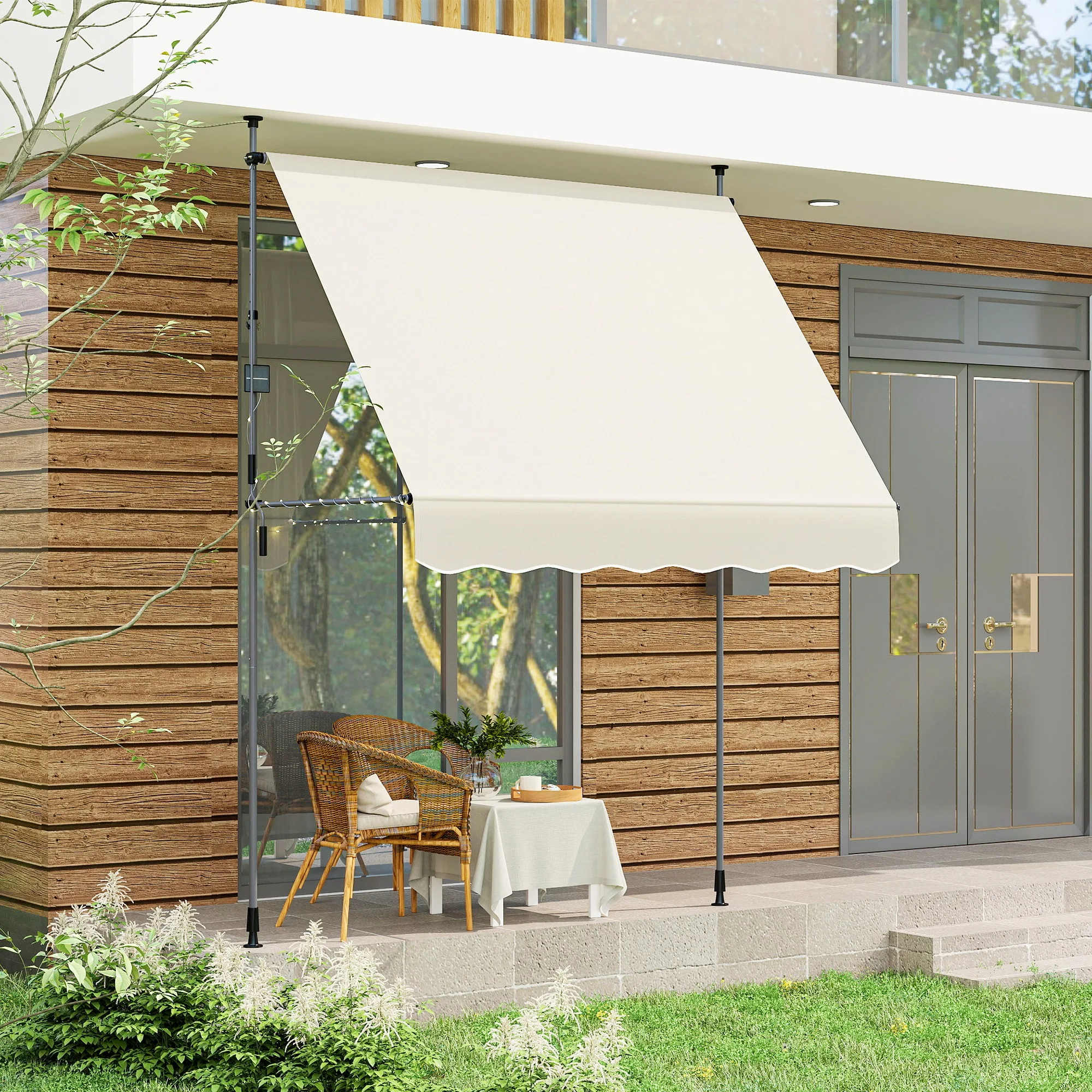 Outsunny Toldo Manual Retráctil 2x1,2 m Toldo Exterior Terraza Enrollable Altura Ajustable con Manivela 210-310 cm Protección UV30+ Sin Taladro para Jardín Balcón Patio Crema