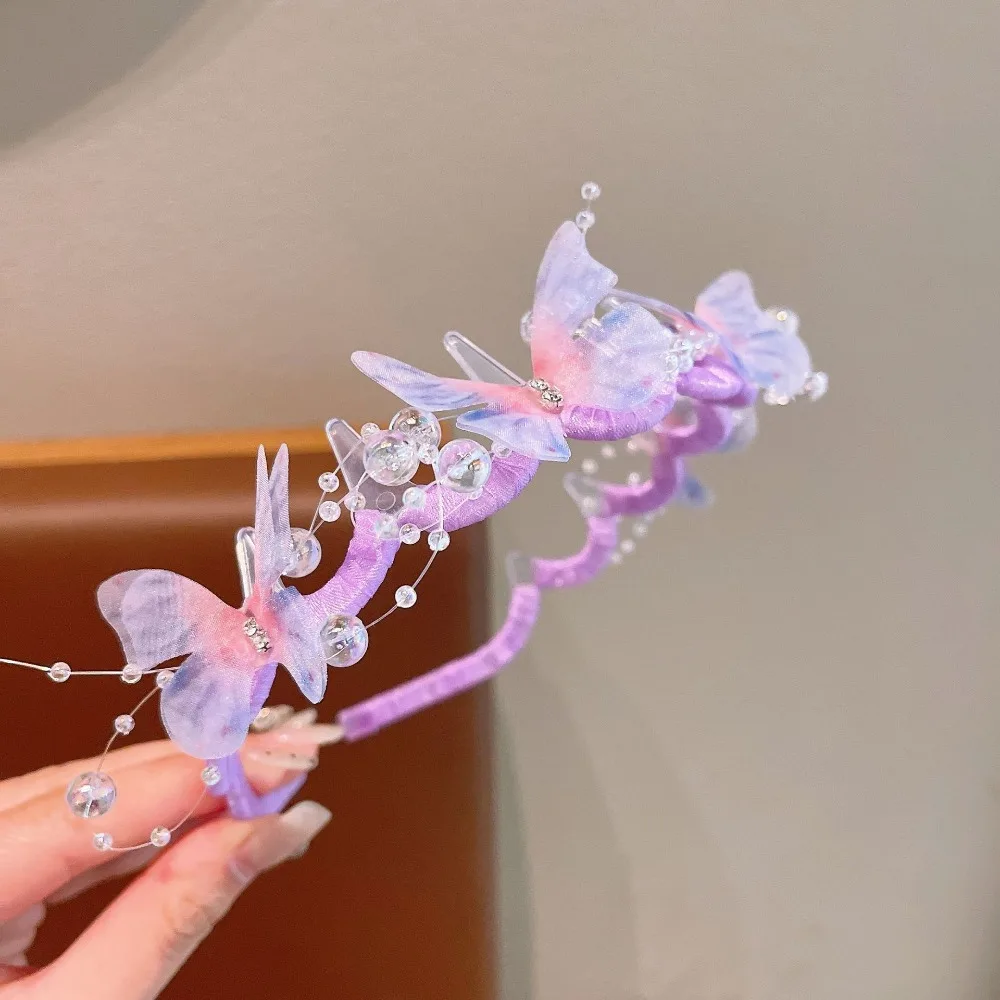 Aros para el cabello con perlas y mariposas de hadas brillantes, diadema de princesa para niños, diadema antideslizante ondulada, sombreros para niñas, accesorios para el cabello para niños - imagen 5