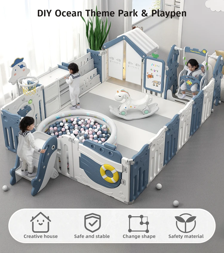 Parque infantil de plástico para exteriores para bebés, patio de juegos deslizante, puerta de seguridad grande, columpio para niños, valla plegable, parque interior para bebés - imagen 3