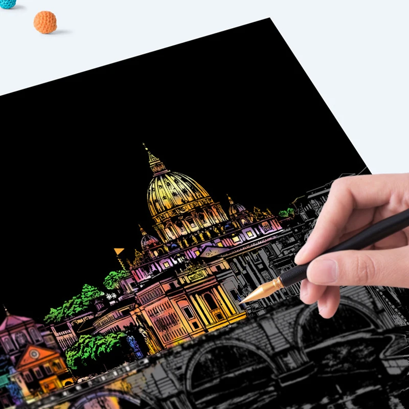 4 hojas de papel artístico para rascar con lápiz óptico, Kit de dibujo de monumentos famosos, pintura para aliviar el estrés, juguete, decoración creativa, regalo divertido para niños y adultos - imagen 2