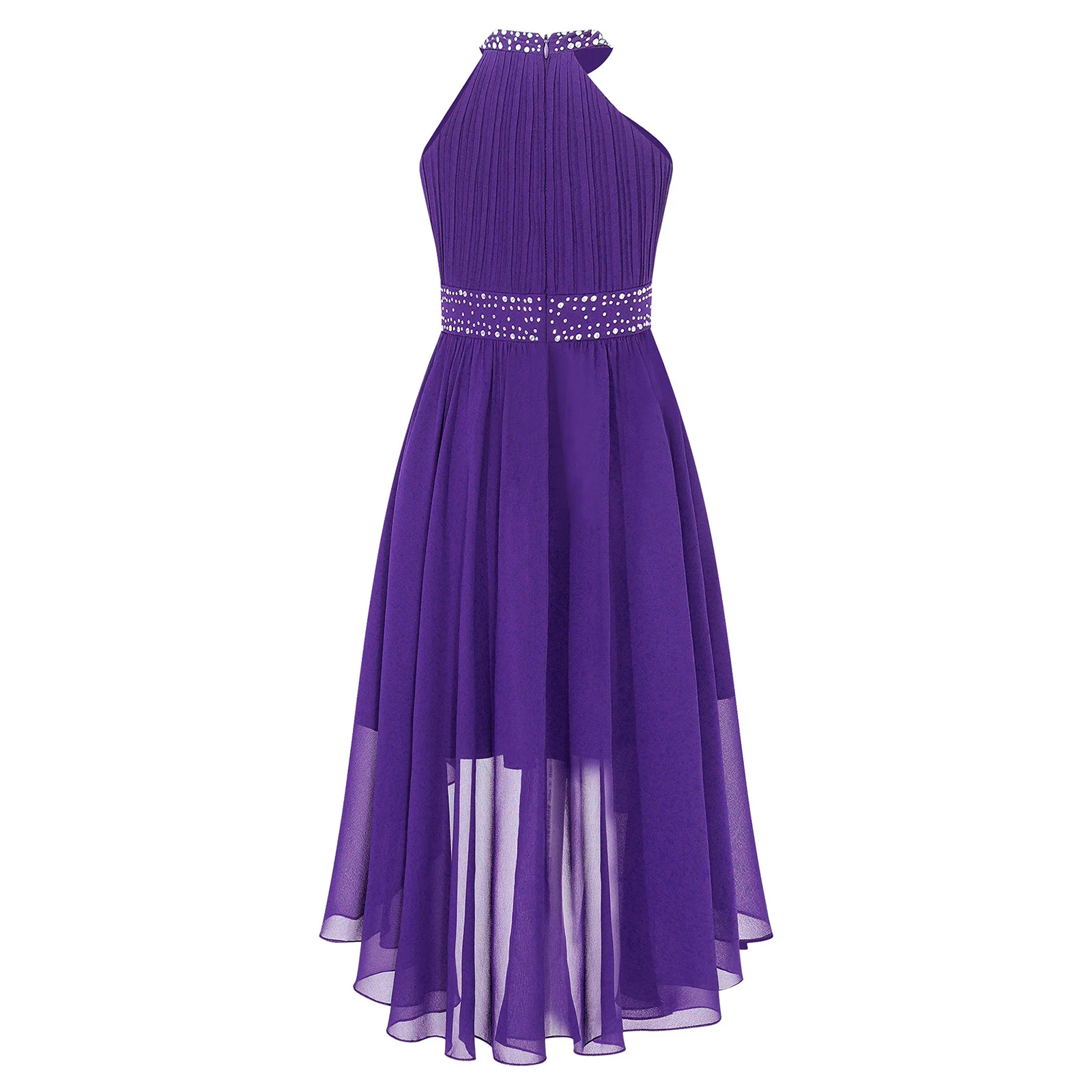 Vestido de dama de honor sin mangas con pedrería y gasa asimétrica - imagen 5