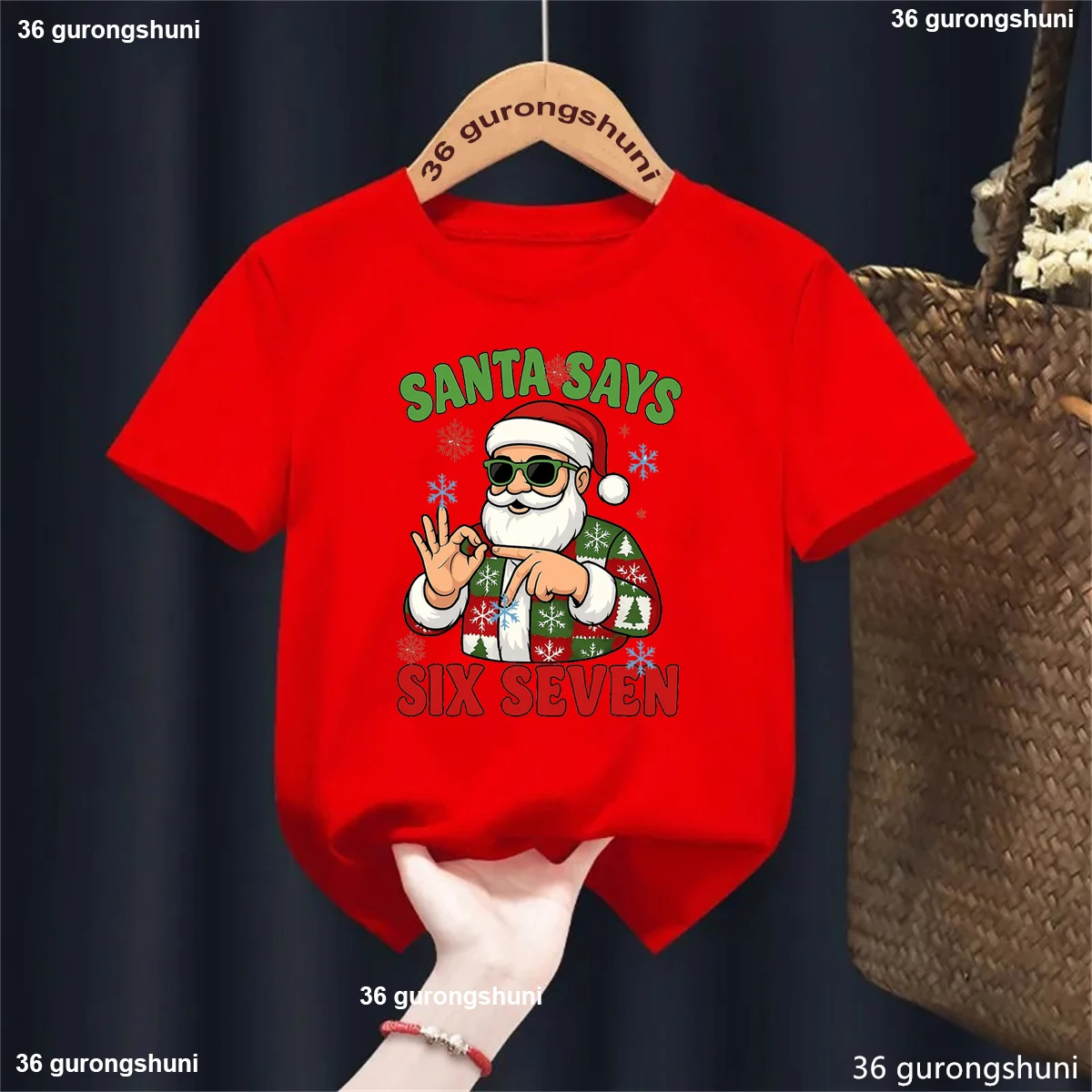 Camiseta con estampado con dibujo de Santa dice seis siete 67 Meme, camiseta de regalo de Navidad para niñas y niños, ropa divertida para niños, camiseta sólida - imagen 4