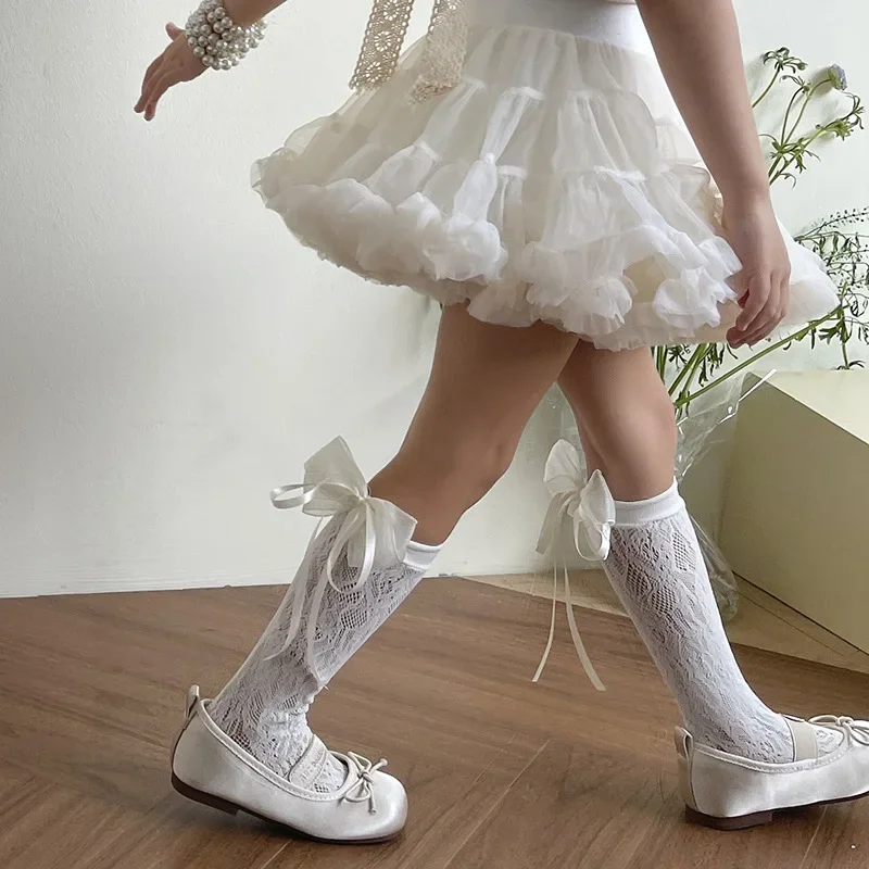 1 par de calcetines finos de verano de Jacquard Floral hasta la pantorrilla para niños y niñas, cinta con lazo a la moda, calcetines de malla dulce para niños, calcetín elástico suave de nailon - imagen 5