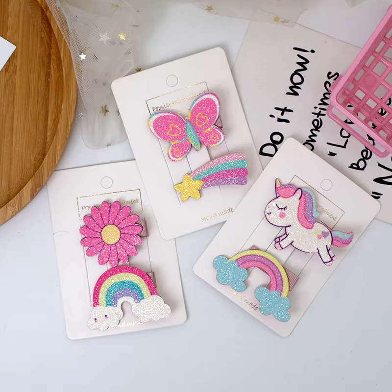 Pinzas de pelo con purpurina para niña – Unicornio y arcoíris - imagen 2