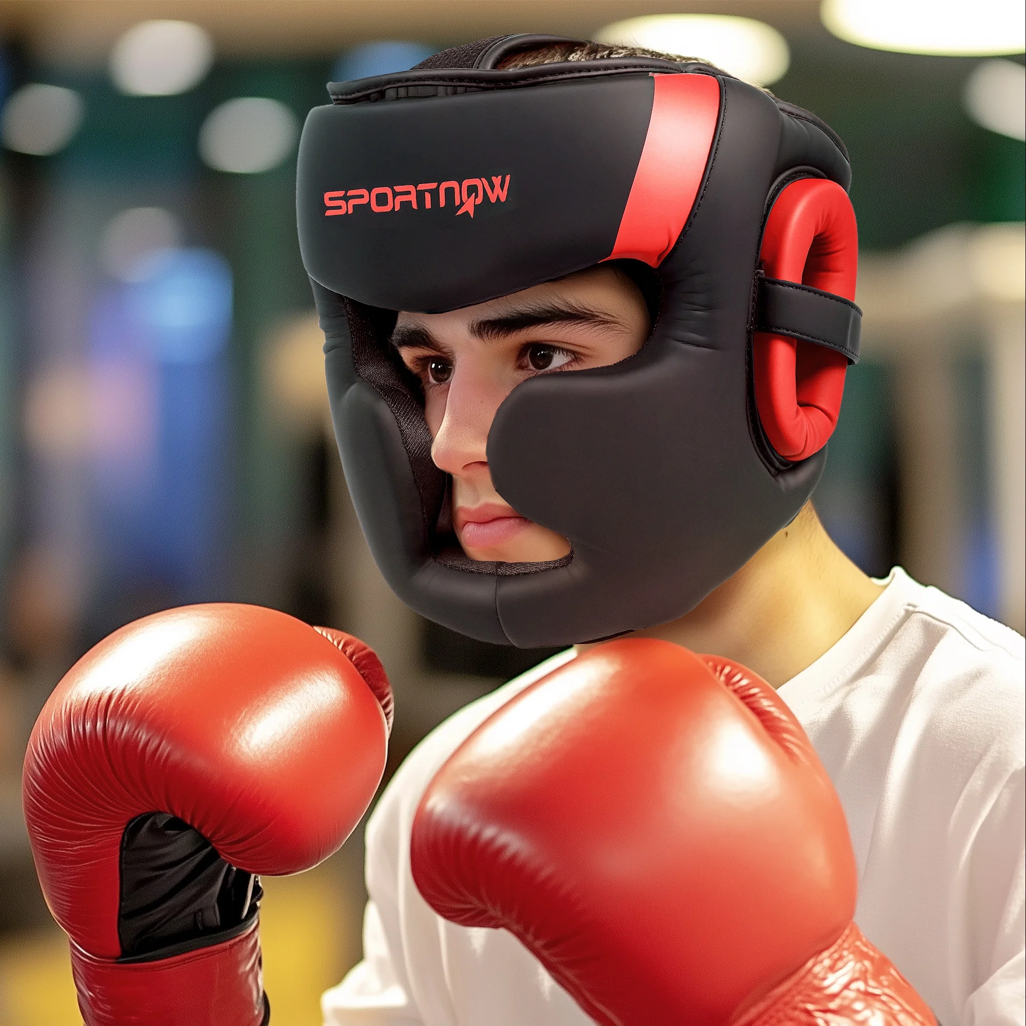 SPORTNOW Casco de Boxeo Helmet MMA con Correa Ajustable Protector de Cabeza para Grappling Sparring Artes Marciales Kickboxing Karate Talla L Rojo y Negro
