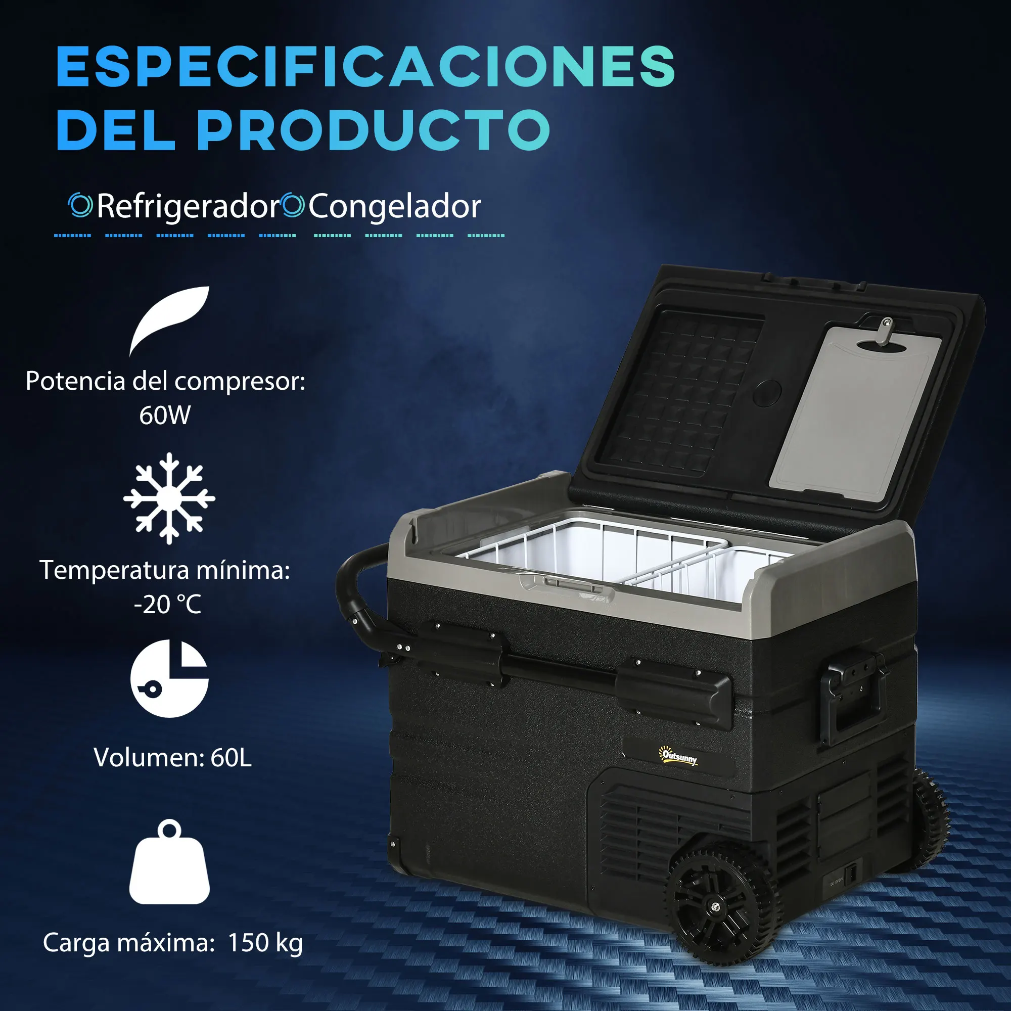 Outsunny Nevera Portátil 60L Refrigerador de Coche hasta -20℃ con Pantalla LED Táctil Asa Retráctil y Ruedas 71,1x46x57,1cm - imagen 4