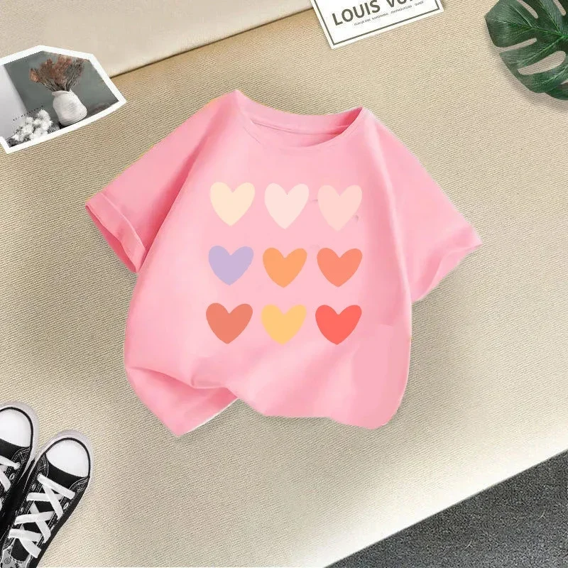 Camiseta con corazones de amor de arcoíris para niños, ropa informal para niños y niñas, camiseta básica de media manga para bebé de manga corta a la moda - imagen 5
