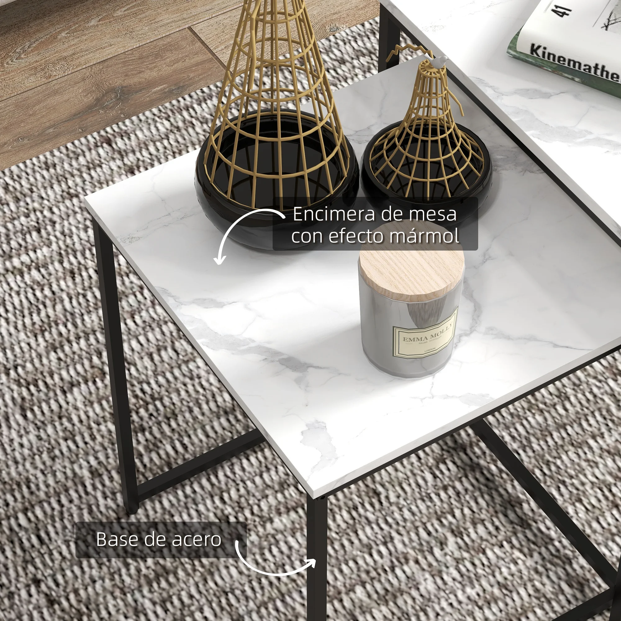 HOMCOM Juego de 3 Mesas Auxiliares para Salón, Mesas Nido con Efecto Mármol y Marco de Acero, Estilo Moderno, para Sala de Estar, Dormitorio, Blanco - imagen 4