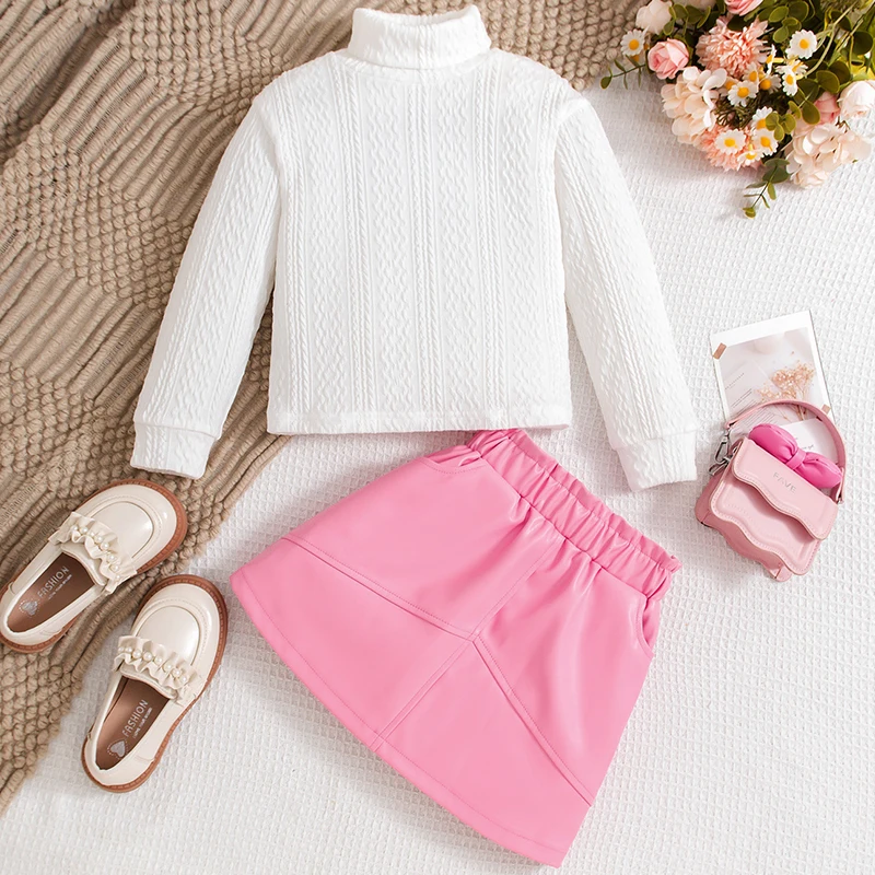 Conjuntos de 2 uds para niños, ropa de otoño para niñas, Tops blancos de manga larga con cuello alto + falda de PU, ropa de Boutique para bebés BC565