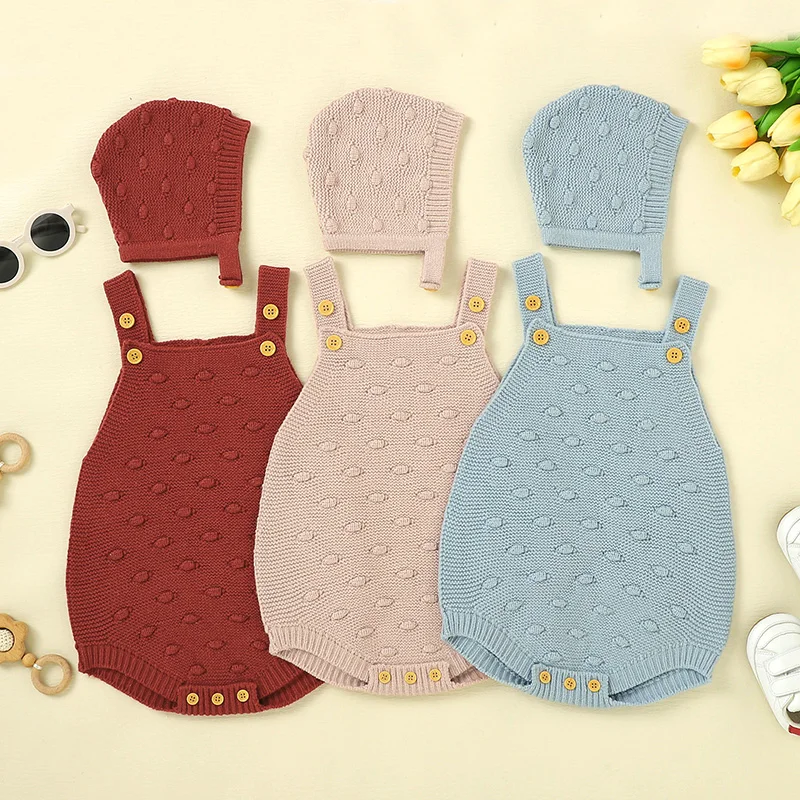 2 unids/set de monos para niña recién nacida de 0 a 18 meses, mono tejido sin mangas con tirantes rosas, sombreros, ropa, traje de Otoño Invierno