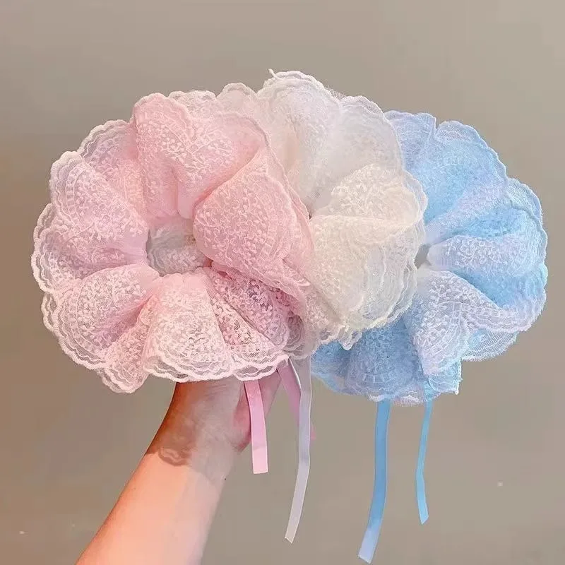 Diademas grandes con volantes de encaje francés para niñas pequeñas, bandas de goma elásticas bonitas y dulces, diadema de cola de caballo de Color sólido para niñas, nuevo - imagen 5