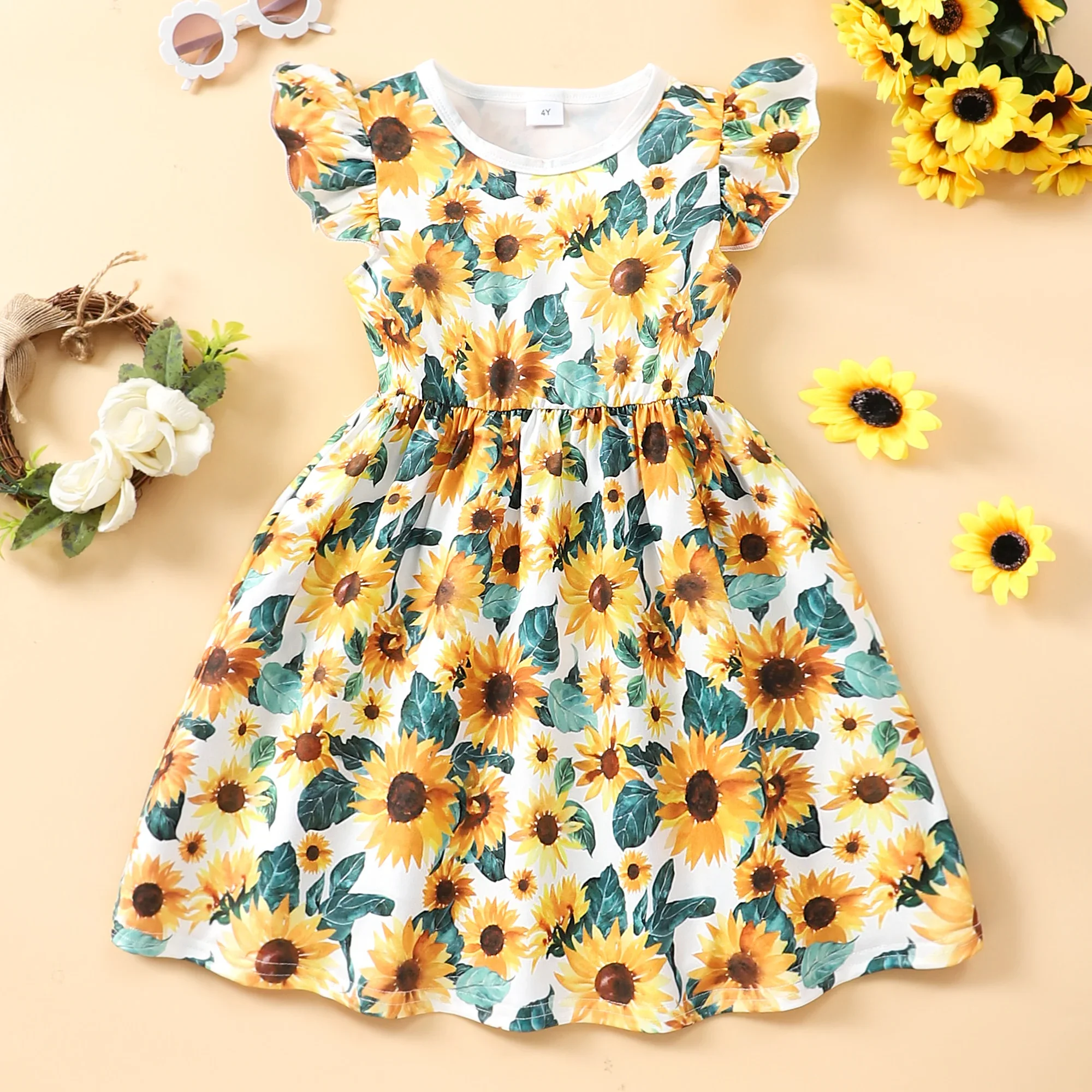 Vestido de girasol para niña – Manga corta de verano