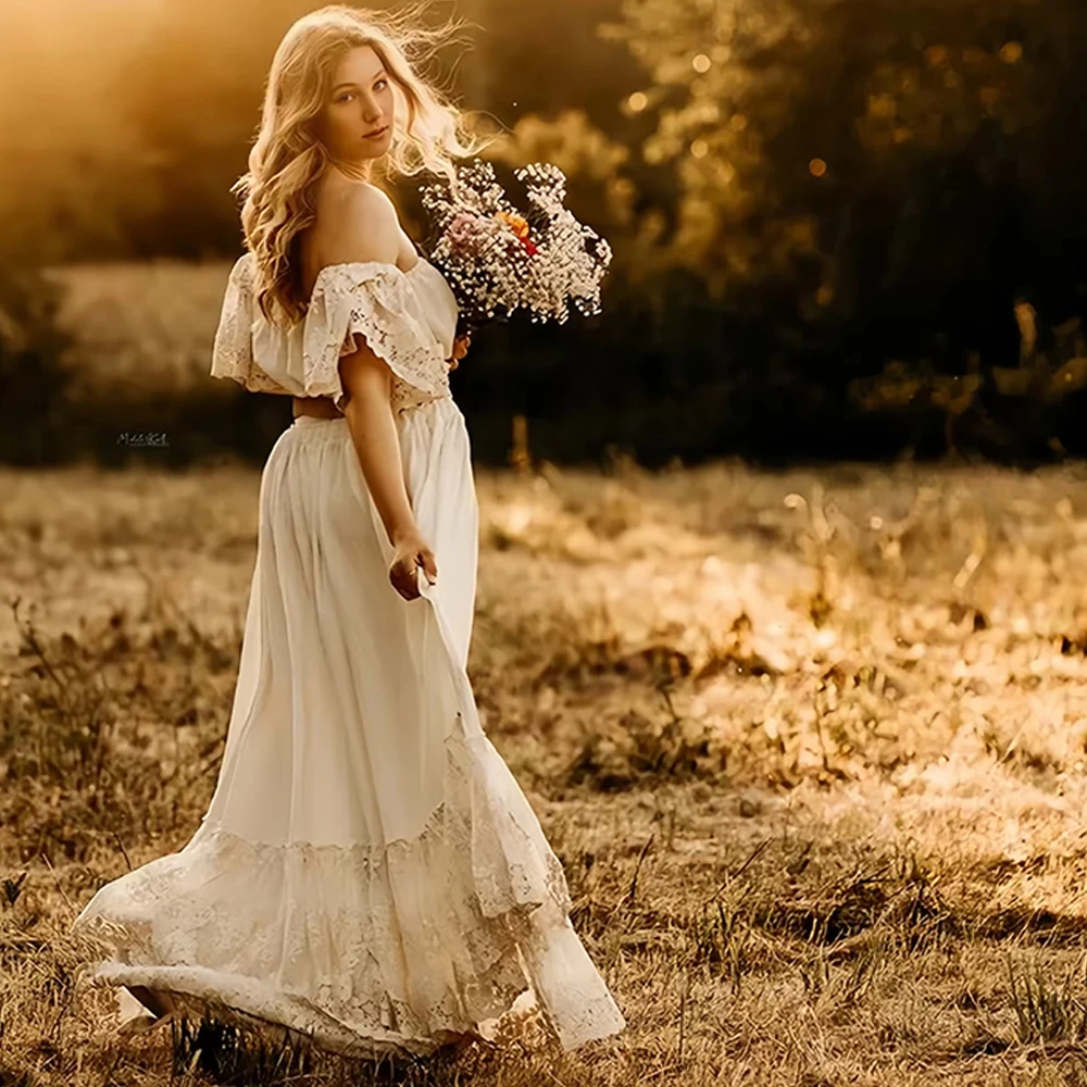 Vestido de maternidad encaje bohemio con hombros descubiertos - imagen 5