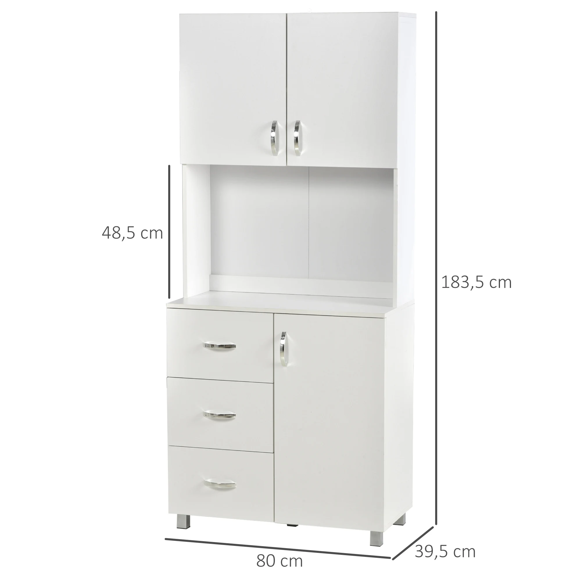 HOMCOM Armario Alacena de Cocina Alacena Alta con 3 Cajones 3 Puertas y Estantes Interiores Ajustables Mueble Auxiliar para Comedor Salón 80x39,5x183,5 cm Blanco - imagen 3