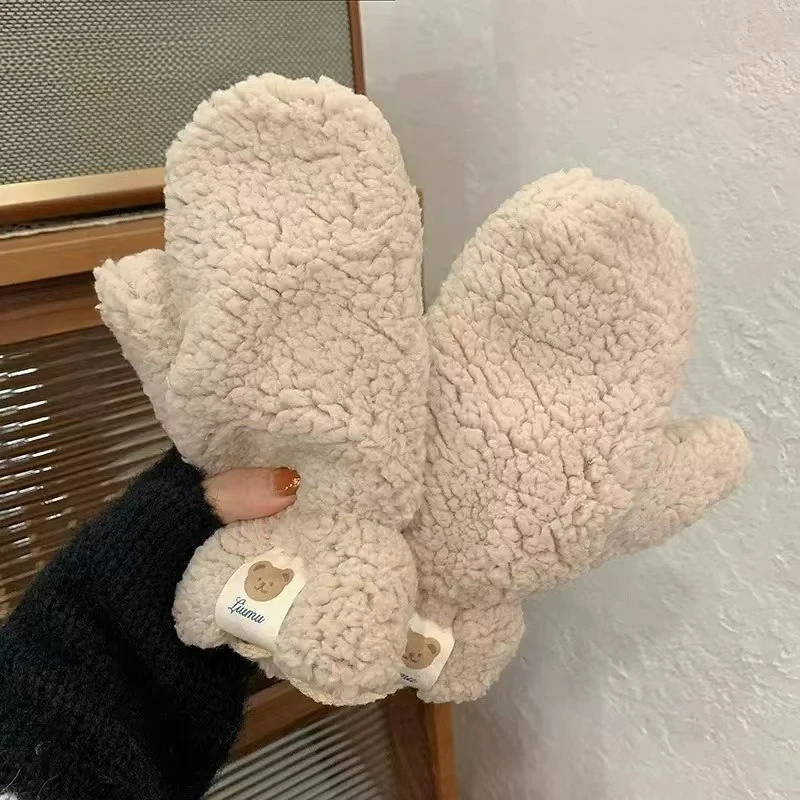 Guantes de invierno con parche de oso de lana de cordero para mujer con correa para el cuello, lindos para estudiantes, cálidos y resistentes al frío para ciclismo de invierno - imagen 3