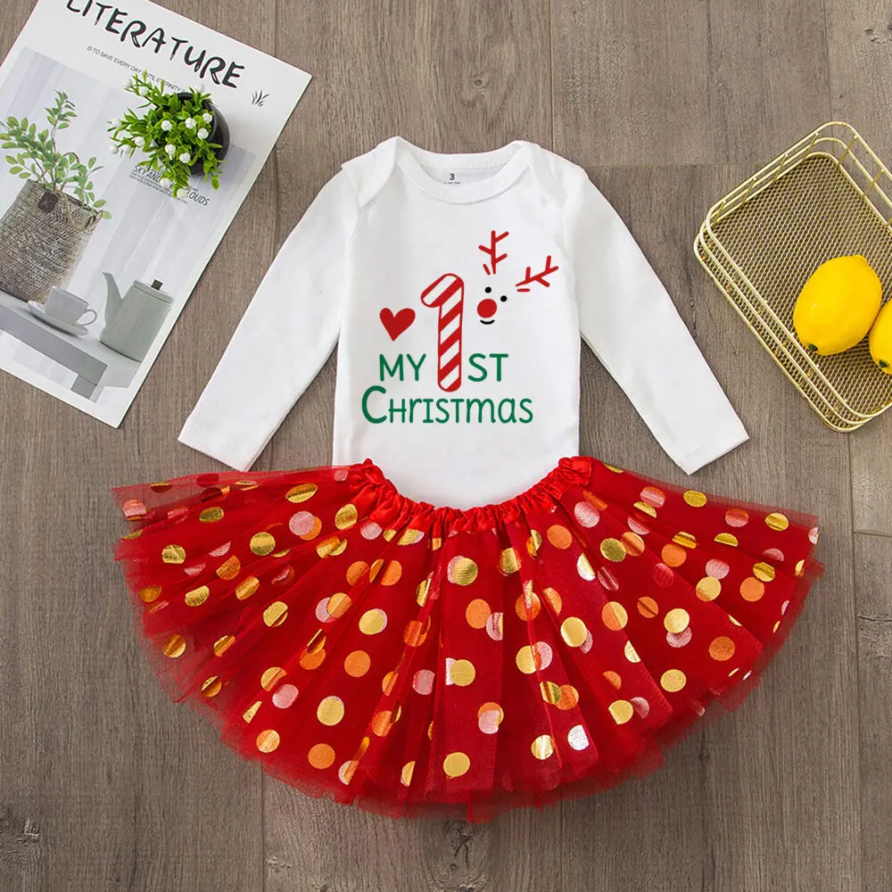 My 1st Christmas Body para bebé, conjunto de vestidos con forma de pastel, mono de manga larga para niñas, faldas tutú, ropa para niños pequeños, trajes de fiesta de Navidad - imagen 3